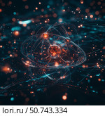 Atom with rotating electrons, energy and matter concept background. Стоковое AI-изображение, AI-художник Михаил Коханчиков / Фотобанк Лори
