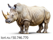 White Rhinoceros Standing on a White Background. Generative AI. Стоковое AI-изображение, AI-художник Roman Zavorotny / Фотобанк Лори