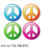 Four Colorful Peace Signs on a White Background: An Image Showcasing Four Peace Signs, Each With a Different Vibrant Color. Generative AI. Стоковое AI-изображение, AI-художник Roman Zavorotny / Фотобанк Лори