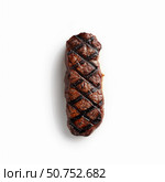 Grilled striploin steak isolated on white background, showing delicious sear marks. Стоковое AI-изображение, AI-художник Иван Рябоконь / Фотобанк Лори