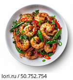 Wok with shrimps, udon noodles, green beans, spinach, red chili pepper, sesame and green onions. Стоковое AI-изображение, AI-художник Иван Рябоконь / Фотобанк Лори