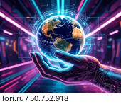 Рука нейросети держит земной шар - будущее (судьба) планеты земля в руках нейросети. Стоковое AI-изображение, AI-художник Владислав Дельдюгинов / Фотобанк Лори