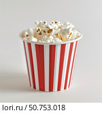 Popcorn overflowing a red and white striped cardboard bucket. Стоковое AI-изображение, AI-художник Иван Рябоконь / Фотобанк Лори