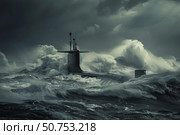 Military submarine navigating stormy waters in dramatic seascape. Стоковое AI-изображение, AI-художник Иван Рябоконь / Фотобанк Лори
