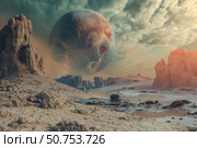 Huge planet hanging over surreal alien landscape with otherworldly rock formations. Стоковое AI-изображение, AI-художник Иван Рябоконь / Фотобанк Лори