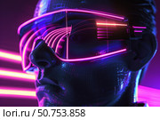 Cyberpunk character wearing futuristic neon glowing glasses in digital world. Стоковое AI-изображение, AI-художник Иван Рябоконь / Фотобанк Лори