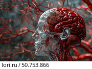Human brain showing blood supply within transparent head. Стоковое AI-изображение, AI-художник Иван Рябоконь / Фотобанк Лори