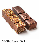 Chocolate bars with nuts and puffed rice coating lying on white background. Стоковое AI-изображение, AI-художник Иван Рябоконь / Фотобанк Лори
