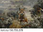 Coyote sitting in tall grass on foggy day. Стоковое AI-изображение, AI-художник Иван Рябоконь / Фотобанк Лори
