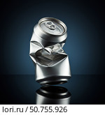 Crumpled aluminum can on reflective surface with dramatic lighting and dark background. Стоковое AI-изображение, AI-художник Гайфуллина Дина / Фотобанк Лори