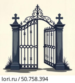 Intricate wrought iron graveyard gate ajar, symbol of remembrance. Стоковое AI-изображение, AI-художник Ольга Невская / Фотобанк Лори