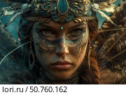 Indigenous woman wearing traditional headdress and face paint posing in dramatic lighting. Стоковое AI-изображение, AI-художник Иван Рябоконь / Фотобанк Лори