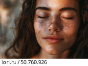 Young woman closing her eyes and showing her freckles. Стоковое AI-изображение, AI-художник Иван Рябоконь / Фотобанк Лори