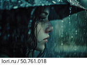 Young woman holding umbrella sheltering from heavy rain during a stormy day. Стоковое AI-изображение, AI-художник Иван Рябоконь / Фотобанк Лори