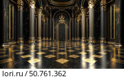 Elegantly designed palace black hall with marble floor and golden columns. Стоковое AI-изображение, AI-художник Михаил Коханчиков / Фотобанк Лори