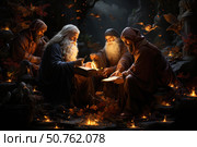 A fantastical scene featuring four wise men in monastic robes gathered in a dark forest around magical books from which light and flames emanate. Their faces are illuminated by a soft glow reflecting off the pages, creating an atmosphere of secret ritual or ancient knowledge. Small magical lights burn around, birds fly, and in the background are the ruins of ancient columns. The illustration is filled with mysticism, magic, and a sense of ancient initiation. Стоковое AI-изображение, AI-художник Анна Кривицкая / Фотобанк Лори