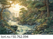 A fantasy landscape in an artistic style with a distinct fairy-tale atmosphere. In the center of the composition is a turbulent river, rapidly flowing between rocky slopes covered with dense vegetation. Majestic trees with intricately curved trunks and dense crowns form a green vault, letting in the soft light of a huge golden sun or moon in the background. The illustration is permeated with an atmosphere of magic and solitude, reminiscent of an ancient mythical forest. Suitable for book design, covers, fantasy projects and decorative products. Стоковое AI-изображение, AI-художник Анна Кривицкая / Фотобанк Лори