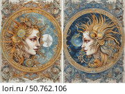 The image shows two stylized female figures, embodying the personifications of the Moon and the Sun. Both figures are designed as exquisite decorative medallions with rich ornamentation in the Art Nouveau style. On the left is a female profile with elements of the moon, pearl-blue shades and a night sky. On the right is a shining solar goddess with gold and amber details, against the background of a starry cosmos. The painting is filled with symbolism, beauty and cosmic harmony, emphasizing the dualism of light and dark, femininity and strength. Стоковое AI-изображение, AI-художник Анна Кривицкая / Фотобанк Лори