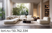 Modern luxury living room with white leather sofas, large windows, indoor plants, and cozy lighting, creating a serene and elegant interior design atmosphere. Стоковое AI-изображение, AI-художник Катерина Бондарец / Фотобанк Лори