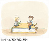 Two miniature kids sitting on an oversized book, homework, each holding and reading their own book, engaging in study, imagination, and discovery in a playful learning setting. Стоковое AI-изображение, AI-художник Андрей Ка / Фотобанк Лори