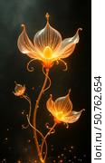 A subtle, transparent silhouette outline of mystical flowers reminiscent of a passion flower vine, drawn with smoke and thin strands of energy glowing with a golden light. Стоковое AI-изображение, AI-художник Галина Эмберг / Фотобанк Лори