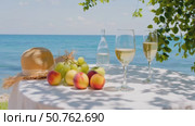 A table with a hat, two wine glasses, and fruit. Стоковое AI-видео, аниматор Виктория Кольцова / Фотобанк Лори