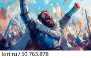 Triumphant Medieval Knight: A Digital Painting of a victorious knight amidst his army, celebrating a hard-fought battle. The artwork showcases expressive brushstrokes and a dynamic composition, captu. Стоковое AI-изображение, AI-художник Данила Большаков / Фотобанк Лори