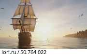 A Majestic Sailing Ship at Sunrise Gracefully Gliding Through the Calm Waters of the Sea, Historical Vessel Scene. Стоковое AI-видео, аниматор Лариса Пономарева / Фотобанк Лори