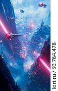 Futuristic Cityscape Under Attack: Spaceships Engage in Aerial Battle Above Neon-Lit Towers. Стоковое AI-изображение, AI-художник Данила Большаков / Фотобанк Лори