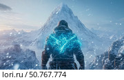 Solitary Figure in Glacial Landscape: A Stunning Winter Scene. Стоковое AI-изображение, AI-художник Данила Большаков / Фотобанк Лори