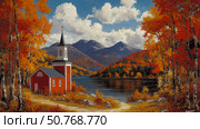 Autumnal Church by the Lake: A Scenic Masterpiece of Fall Foliage and Mountain Majesty. Стоковое AI-изображение, AI-художник Данила Большаков / Фотобанк Лори
