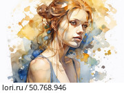 Watercolor portrait of a young woman with light hair pulled back in a casual hairstyle, wearing a blue dress with thin straps. The background is made in the form of multi-colored watercolor stains in blue, yellow and brown shades, creating an artistic and emotional atmosphere. The image conveys a feeling of tenderness, thoughtfulness and natural beauty. Стоковое AI-изображение, AI-художник Анна Кривицкая / Фотобанк Лори