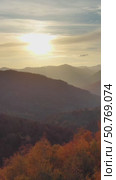 Flying over colorful foliage at sunset in mountains. Стоковое видео, видеограф Михаил Коханчиков / Фотобанк Лори