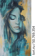 Elegant portrait of a serene woman with gold accents and flowing hair in a tranquil artistic backdrop Generative AI. Стоковое AI-изображение, AI-художник Елена Зубкова / Фотобанк Лори