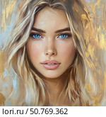 Elegant portrait of a woman with striking blue eyes and golden accents in a soft artistic background Generative AI. Стоковое AI-изображение, AI-художник Елена Зубкова / Фотобанк Лори