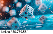 Dynamic Dice in Motion: A Close-Up of Falling Cubes in a Vibrant, Teal Setting. Стоковое AI-изображение, AI-художник Данила Большаков / Фотобанк Лори