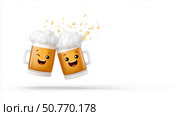 Celebrating friendship with two cheerful beer mugs clinking together. Стоковое AI-изображение, AI-художник Katsiaryna Repich / Фотобанк Лори