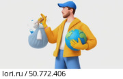 Volunteer holding earth globe and trash bag, environmental protection. Стоковое AI-видео, аниматор Юрий Поздников / Фотобанк Лори