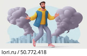 Man running away from air pollution in the city. Стоковое AI-видео, аниматор Юрий Поздников / Фотобанк Лори