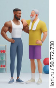 Personal trainer supporting senior man at gym. Стоковое AI-видео, аниматор Юрий Поздников / Фотобанк Лори