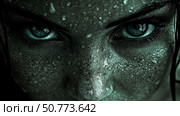Close-up of a Woman's Intense Gaze, Water Droplets on Skin. Стоковое AI-изображение, AI-художник Данила Большаков / Фотобанк Лори