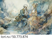 Romantic baroque scene depicting a man and a woman in exquisite historical costumes. The man in a blue suit holds the hand of a woman in a lush golden dress with rich trim on his knee. The background consists of pastel colors and delicate details of nature, creating an atmosphere of grace and tenderness. The painting is done in watercolor technique with thin strokes and soft color transitions. Стоковое AI-изображение, AI-художник Анна Кривицкая / Фотобанк Лори