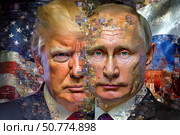 Владимир Путин и Дональд Трамп на фоне государственных флагов. Цифровой коллаж. Стоковое AI-изображение, AI-художник Щеголева Ольга / Фотобанк Лори