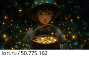 Enchanted Child with Golden Coins in a Firefly Meadow. Стоковое AI-изображение, AI-художник Данила Большаков / Фотобанк Лори