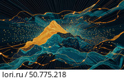Abstract Teal and Gold Digital Landscape: A mesmerizing artwork featuring flowing teal and gold lines creating a dynamic, three-dimensional landscape. Ideal for tech, art, and abstract backgrounds. Стоковое AI-изображение, AI-художник Данила Большаков / Фотобанк Лори