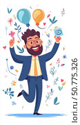 Joyful Businessman Celebrating Creative Breakthrough with Lightbulb Balloons and Sketch. Стоковое AI-изображение, AI-художник Данила Большаков / Фотобанк Лори