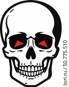 Minimalist skull design with red accents on white background, symbolism of mortality. Стоковое AI-изображение, AI-художник Ольга Невская / Фотобанк Лори