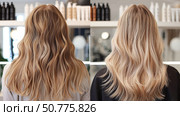 Before and after comparison of wavy hair color transformation in salon, showing change from dark blonde to bright platinum tones with glossy texture. Стоковое AI-изображение, AI-художник Катерина Бондарец / Фотобанк Лори