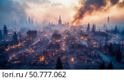 Aerial view of a city devastated by a wildfire at sunset, showing burning buildings and smoke-filled sky. Стоковое AI-изображение, AI-художник Данила Большаков / Фотобанк Лори