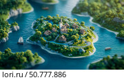 Serene Island Village: A Picturesque Haven of Wooden Houses and Lush Greenery. Стоковое AI-изображение, AI-художник Данила Большаков / Фотобанк Лори